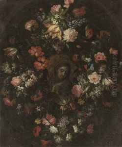 The Madonna At Prayer In A Floral Cartouche by Mario Nuzzi Mario Dei Fiori