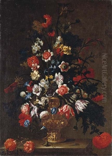 Tulips, Roses, Carnations, Morning Glory, Narcissi And Other Flowers In A Sculpted Urn (+ Irises, Tulips, Carnations, Roses, Poppies In A Sculpted Urn; Pair) - view 1