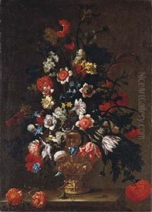Tulips, Roses, Carnations, Morning Glory, Narcissi And Other Flowers In A Sculpted Urn (+ Irises, Tulips, Carnations, Roses, Poppies In A Sculpted Urn; Pair) by Mario Nuzzi Mario Dei Fiori