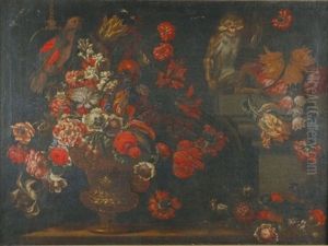 Still Life With A Vase Of Flowers, A Parrot And A Monkey by Mario Nuzzi Mario Dei Fiori