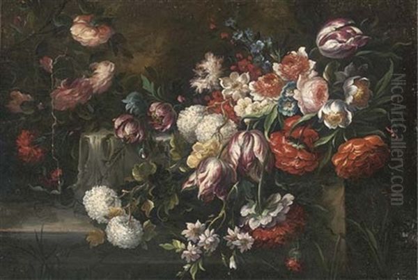 Roses, Parrot Tulips, Morning Glory And Other Flowers On A Ledge - view 1