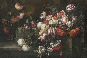 Roses, Parrot Tulips, Morning Glory And Other Flowers On A Ledge by Mario Nuzzi Mario Dei Fiori