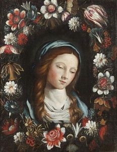 A Garland Of Flowers Surrounding The Head Of The Madonna (collab. W/circle Of Sassoferrato)