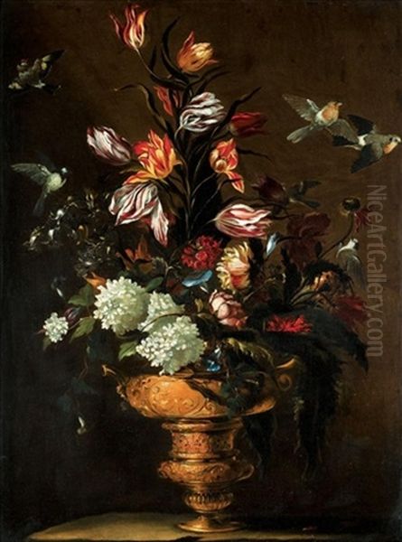 Still Life With Tulips, Morning Glory, Roses, And Various Other Flowers In A Bronze Urn Together With A Bluetit, A Bullfinch, Robins And Other Birds - view 1