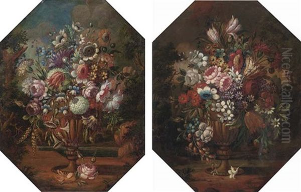 Parrot Tulips, Roses, Hydrangeas, Carnations And Other Flowers In An Urn In A Clearing (+ Roses, Carnations, Parrot Tulips And Other Flowers In An Urn In A Clearing; Pair) - view 1