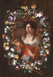 Kvinde, Omkranset Af Blomster, Holdende En Guldkaede Med Hjerte Kvinde, Omkranset Af Blomster, Holdende En Guldkaede Med Hjerte