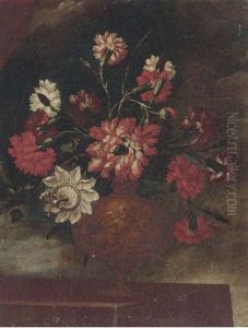 Carnations And Other Flowers In A Vase On A Ledge
