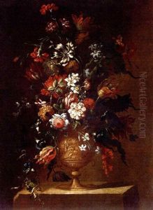 Parrot Tulips, Carnations, Narcissi, Morning Glory And Other Flowers In A Sculpted Urn On A Stone Ledge by Mario Nuzzi Mario Dei Fiori