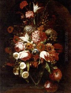 Parrot Tulips, Roses, Narcissi, Hydrangeas, Convolvulus And Other Flowers In A Glass Vase In A Niche thumbnail