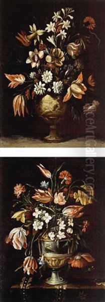A Still Life With Tulips, Carnations, Daffodils, Auricula, Jasmine And Other Flowers In A Sculpted Stone Vase (+ A Still Life With Tulips, Jasmin, Carnations, Auricula And Other Flowers; Pair) - view 1