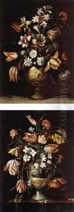 A Still Life With Tulips, Carnations, Daffodils, Auricula, Jasmine And Other Flowers In A Sculpted Stone Vase (+ A Still Life With Tulips, Jasmin, Carnations, Auricula And Other Flowers; Pair)