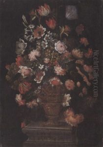 Chrysanthemums, Parrot Tulips, Narcissi, Jasmine And Other Flowers In An Urn On A Pedestal