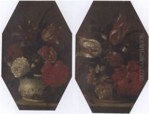 A Parrot Tulip, An Iris, Chrysanthemums, Convolvulus And Other Flowers In A Vase On A Ledge