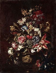 A Still Life Of Carnations, Lilies, Peonies, Irises And Other Flowers In Stone Urn On A Pedestal by Mario Nuzzi Mario Dei Fiori
