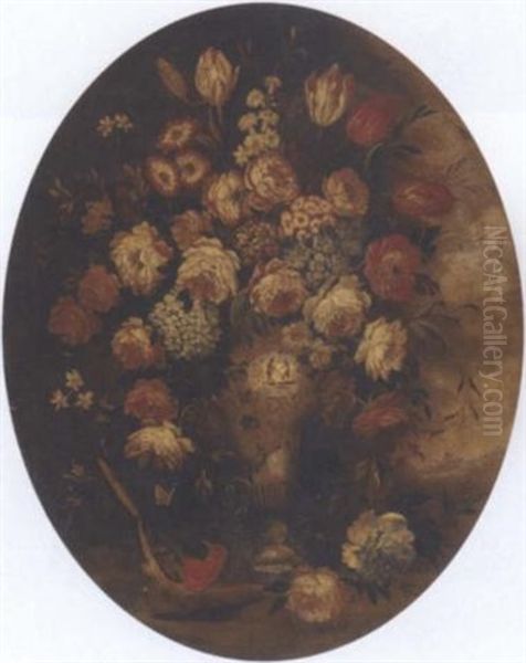Roses, Tulips And Other Mixed Flowers In A Chinese Vase With A Bird - view 1