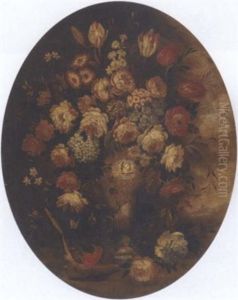 Roses, Tulips And Other Mixed Flowers In A Chinese Vase With A Bird by Mario Nuzzi Mario Dei Fiori