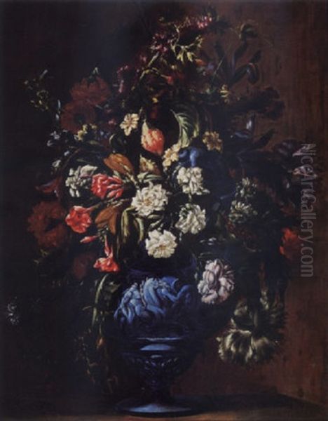 A Still Life With Roses, Carnations, Poppy, Anemones, Cornflowers, Irises, Lilies, And Other Flowers In A Blue Stone Vase - view 1