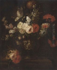 Parrot Tulips, Narcissi, Roses, Chrysanthemums And Other Flowers In An Urn On A Ledge