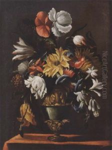 Tulips, Poppies, Morning Glory And Other Flowers In A Vase On A Draped Ledge