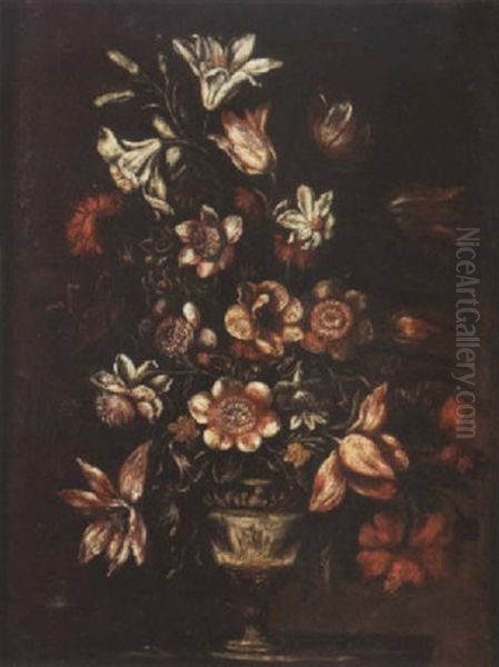 Lilies, Carnations, Tulips And Other Flowers In A Vase On A Ledge - view 1