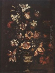 Lilies, Carnations, Tulips And Other Flowers In A Vase On A Ledge by Mario Nuzzi Mario Dei Fiori
