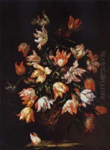 Tulips In A Sculpted Urn On A Stone Plinth