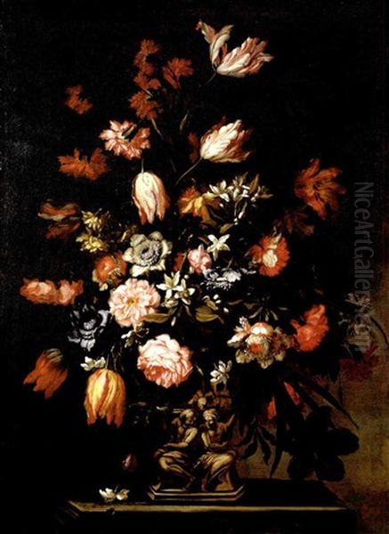 Floral Still Life With Tulips, Carnations, Daffodils, Peonies And Other Flowers In A Figural Vase by Mario Nuzzi Mario Dei Fiori
