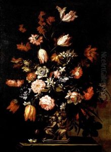 Floral Still Life With Tulips, Carnations, Daffodils, Peonies And Other Flowers In A Figural Vase