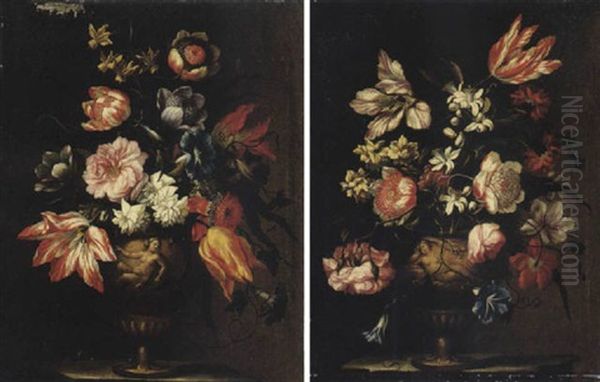Still Life Of Various Flowers In A Terracotta Vase With A Female Figure In Relief, Upon Stone Plinth - view 1