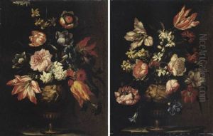 Still Life Of Various Flowers In A Terracotta Vase With A Female Figure In Relief, Upon Stone Plinth