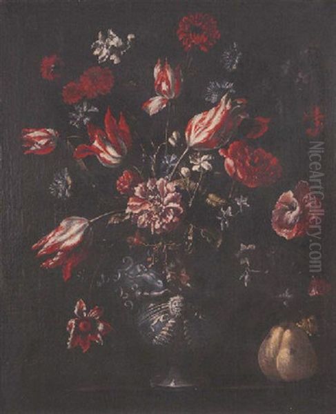 Still Life Of Flowers In A Blue Ceramic Vase Beside A Quince, Standing On A Pedestal - view 1