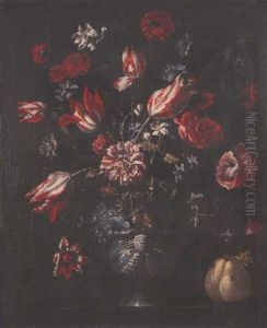 Still Life Of Flowers In A Blue Ceramic Vase Beside A Quince, Standing On A Pedestal