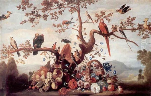 An Extensive Landscape With An Exotic Cornucopia Of Birds, Fruit And Flowers - view 1