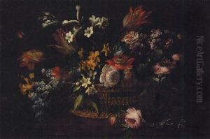 Flowers In A Basket On A Wooden Ledge