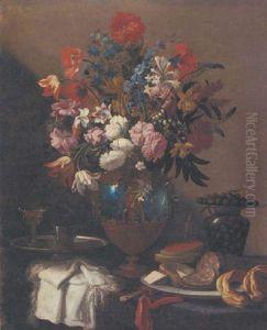 Roses, Tulips, Daffodils, Morning Glory, Peonies And Other Flowers, With Olives, Bread, Meat, Cheese And Wine On A Ledge