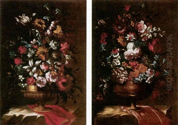 Still Life Of Flowers In A Gilt Urn On A Stone Ledge - view 1