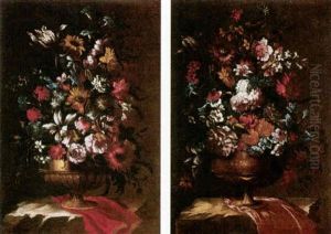Still Life Of Flowers In A Gilt Urn On A Stone Ledge