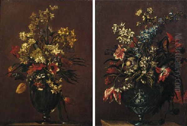 Tulips, Daffodils, Siberian Irises And Other Flowers In A Pewter Vase On A Stone Plinth - view 1