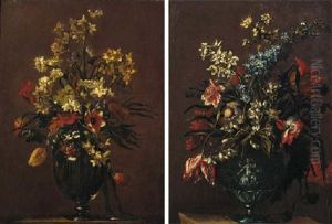 Tulips, Daffodils, Siberian Irises And Other Flowers In A Pewter Vase On A Stone Plinth by Mario Nuzzi Mario Dei Fiori