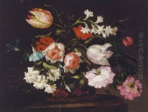Roses, Tulips, Morning Glory And Other Flowers In A Basket On A Stone Pedestal by Mario Nuzzi Mario Dei Fiori