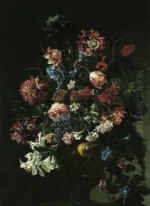A Still Of Lilies, Carnations, Morning Glory, Poppies, Irises And Daffodils, In A Sculpted Stone Urn, Set Upon A Stone Ledge by Mario Nuzzi Mario Dei Fiori