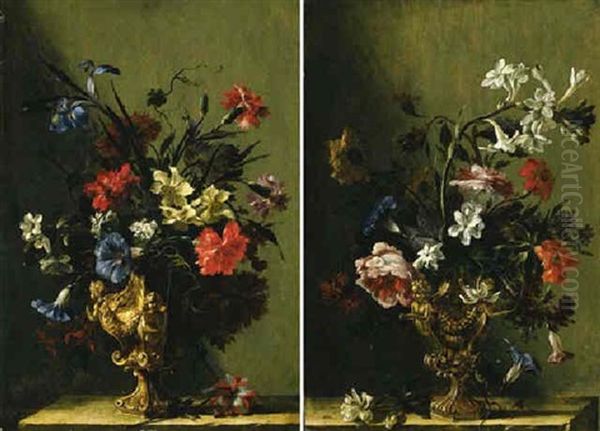 Irises, Narcissi, Carnations, Daffodils And Other Flowers In A Gilt Urn On A Stone Ledge - view 1