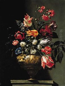 Parrot Tulips, Carnations, Morning Glory, A Daffodil And Other Flowers In A Sculpted Urn On A Pedestal by Mario Nuzzi Mario Dei Fiori