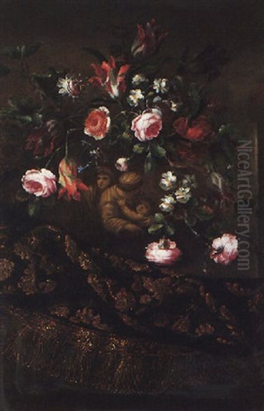 A Still Life Of Roses, Variegated Tulips And Other Flowers In A Sculpted Vase With A Trompe L'oeil Image Of The Holy Family by Mario Nuzzi Mario Dei Fiori