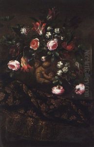 A Still Life Of Roses, Variegated Tulips And Other Flowers In A Sculpted Vase With A Trompe L'oeil Image Of The Holy Family by Mario Nuzzi Mario Dei Fiori
