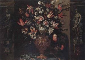 Still Life Of Variegated Tulips, Daffodils, Convulvuli And Other Flowers In A Sculpted Urn In A Stone Niche Flanked By Statues Of Hebe And Diana