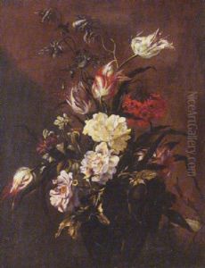 Still Life Of Roses, Variegated Tulips And Other Flowers, In A Glass Vase by Mario Nuzzi Mario Dei Fiori