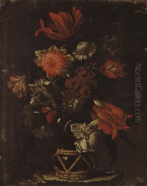 Parrot Tulips, Chrysanthemums, A Thistle, And Other Flowers In A Vase On A Stone Ledge - view 1