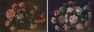 Still Life Of Peonies, Narcissi, Carnations And A Rose In A Glass Bowl by Mario Nuzzi Mario Dei Fiori