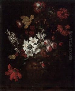 Blumenbouquet Mit Pfingstrosen Und Lilien In Skulptierter Vase by Mario Nuzzi Mario Dei Fiori